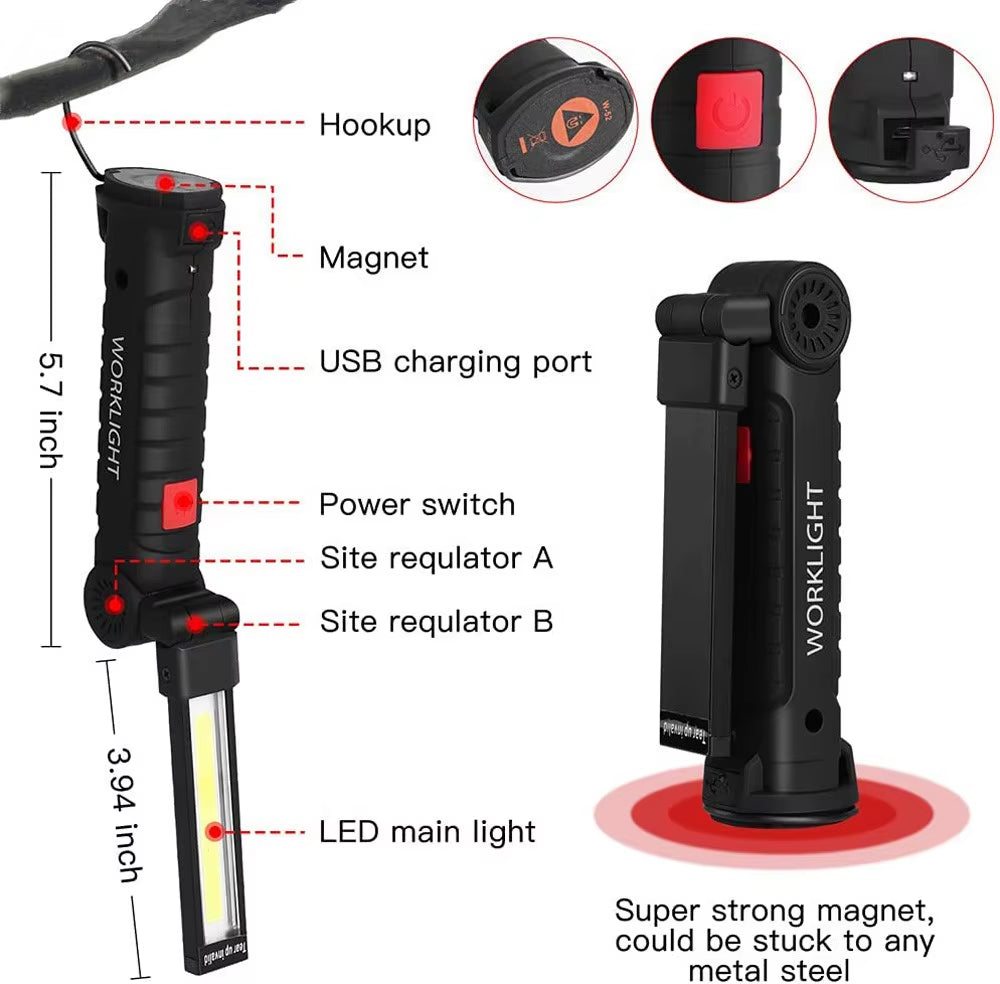 USB Rechargeable COB Work Light Portable Magnetic Car Repair Torch LED Red Light Warning Foldable Outdoor Emergency Flashlight