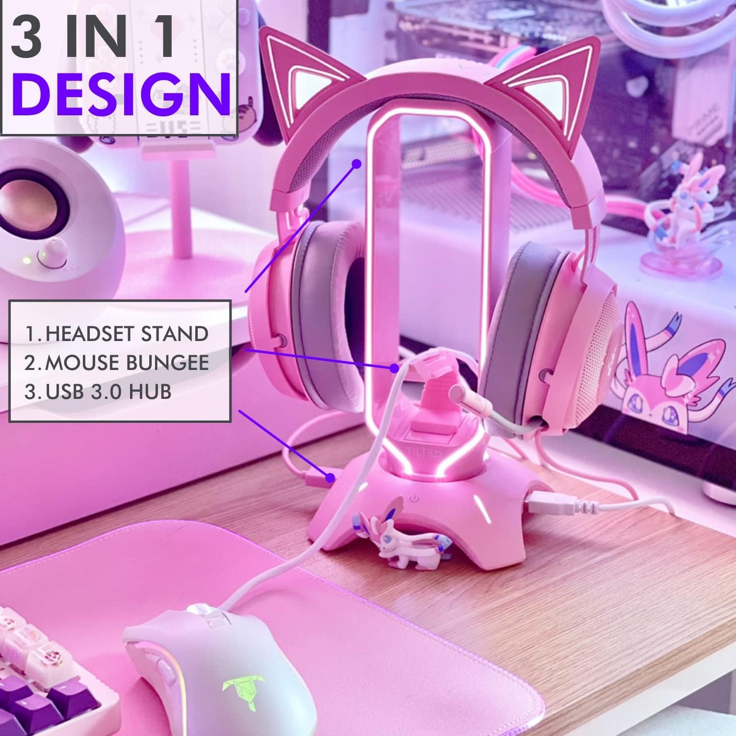 RGB Gaming Headset Stand - 3 in 1 Pink with Mouse Bungee and 2 Port USB Hub Charger - the Ultimate Accessory and Gamer Gift - Headphone Holder for Desk