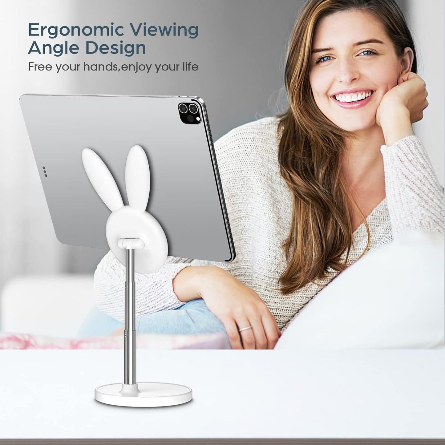 Cell Phone Stand,Angle Height Adjustable Bunny Phone Stand for Desk,Cute Rabbit Phone Holder Stand for Desk, Compatible with All Mobile Phones, Tablets(4-10In) (White)