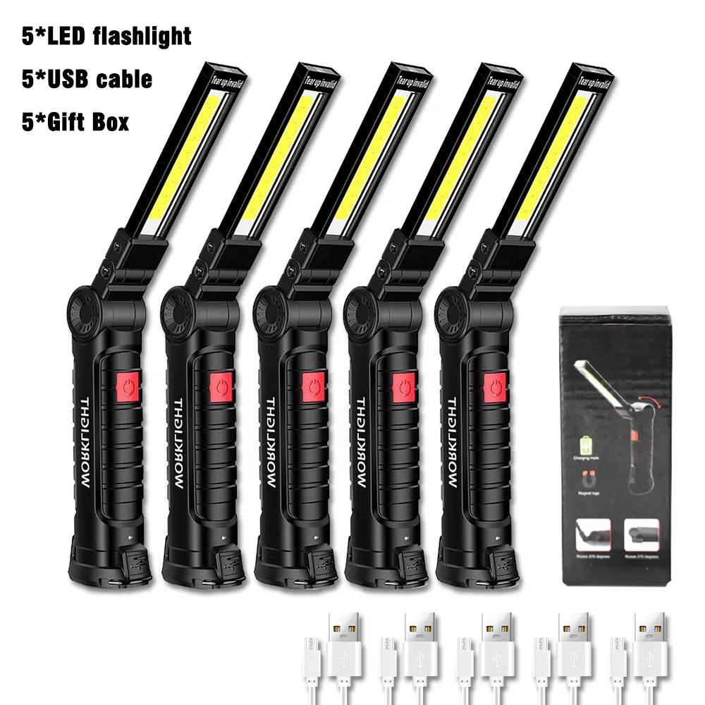 USB Rechargeable COB Work Light Portable Magnetic Car Repair Torch LED Red Light Warning Foldable Outdoor Emergency Flashlight