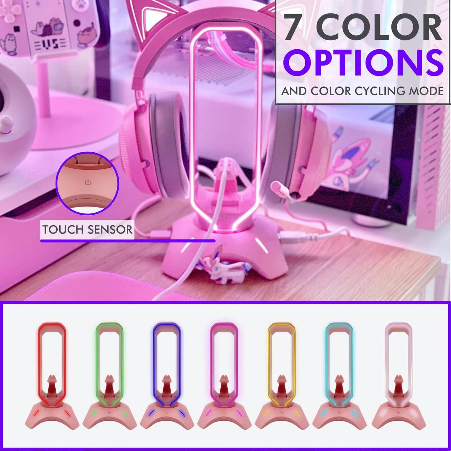 RGB Gaming Headset Stand - 3 in 1 Pink with Mouse Bungee and 2 Port USB Hub Charger - the Ultimate Accessory and Gamer Gift - Headphone Holder for Desk