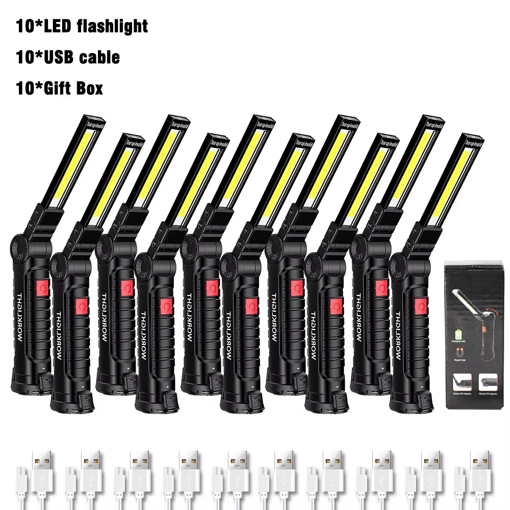 USB Rechargeable COB Work Light Portable Magnetic Car Repair Torch LED Red Light Warning Foldable Outdoor Emergency Flashlight