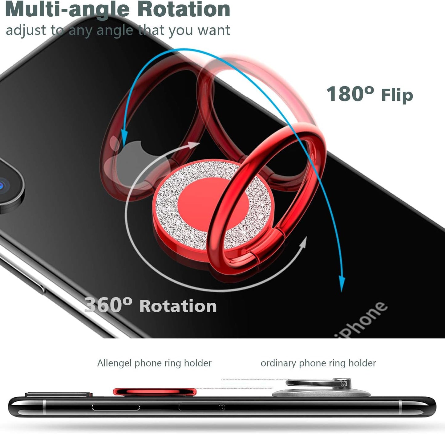 Phone Ring Holder Finger Kickstand, 360 Rotation Phone Ring Grip, Compatible with Smartphone (Red)