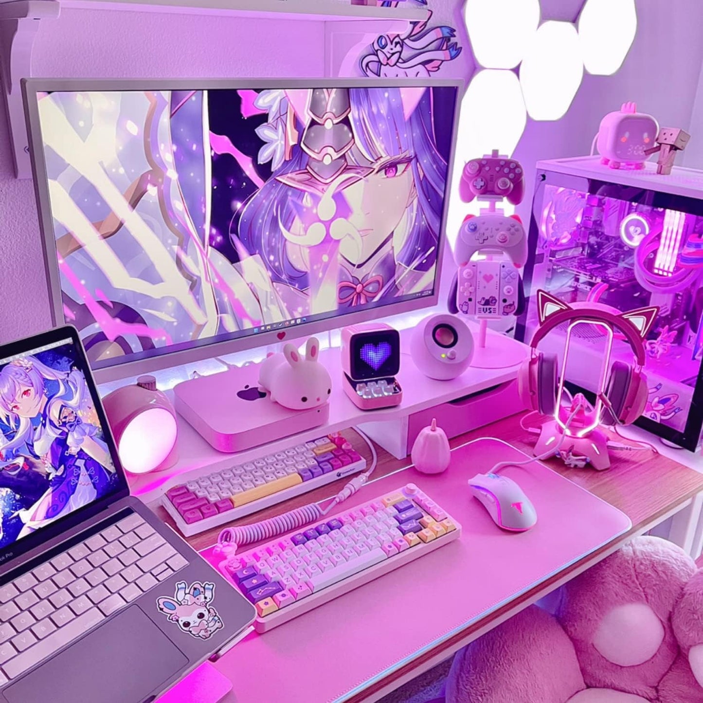 RGB Gaming Headset Stand - 3 in 1 Pink with Mouse Bungee and 2 Port USB Hub Charger - the Ultimate Accessory and Gamer Gift - Headphone Holder for Desk