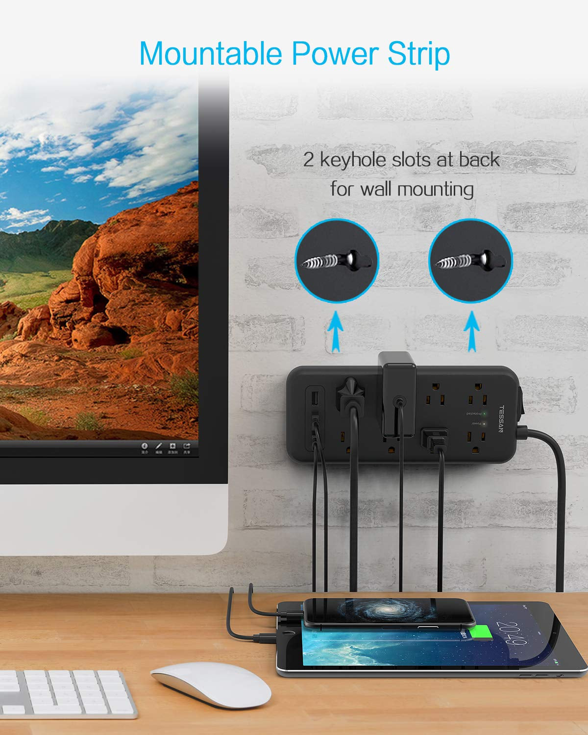 Surge Protector Power Strip, 8 Outlets and 3 USB Ports 5Ft Long Extension Cord Flat Plug, 1875W/15A, 1700 Joules, Wall Mountable for Home, Office, School and Dorm Room Essentials, Black