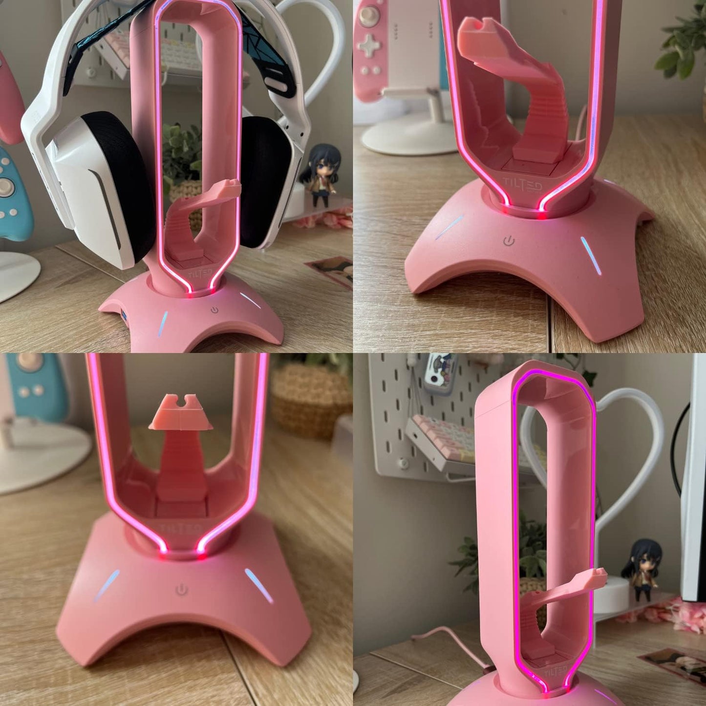 RGB Gaming Headset Stand - 3 in 1 Pink with Mouse Bungee and 2 Port USB Hub Charger - the Ultimate Accessory and Gamer Gift - Headphone Holder for Desk