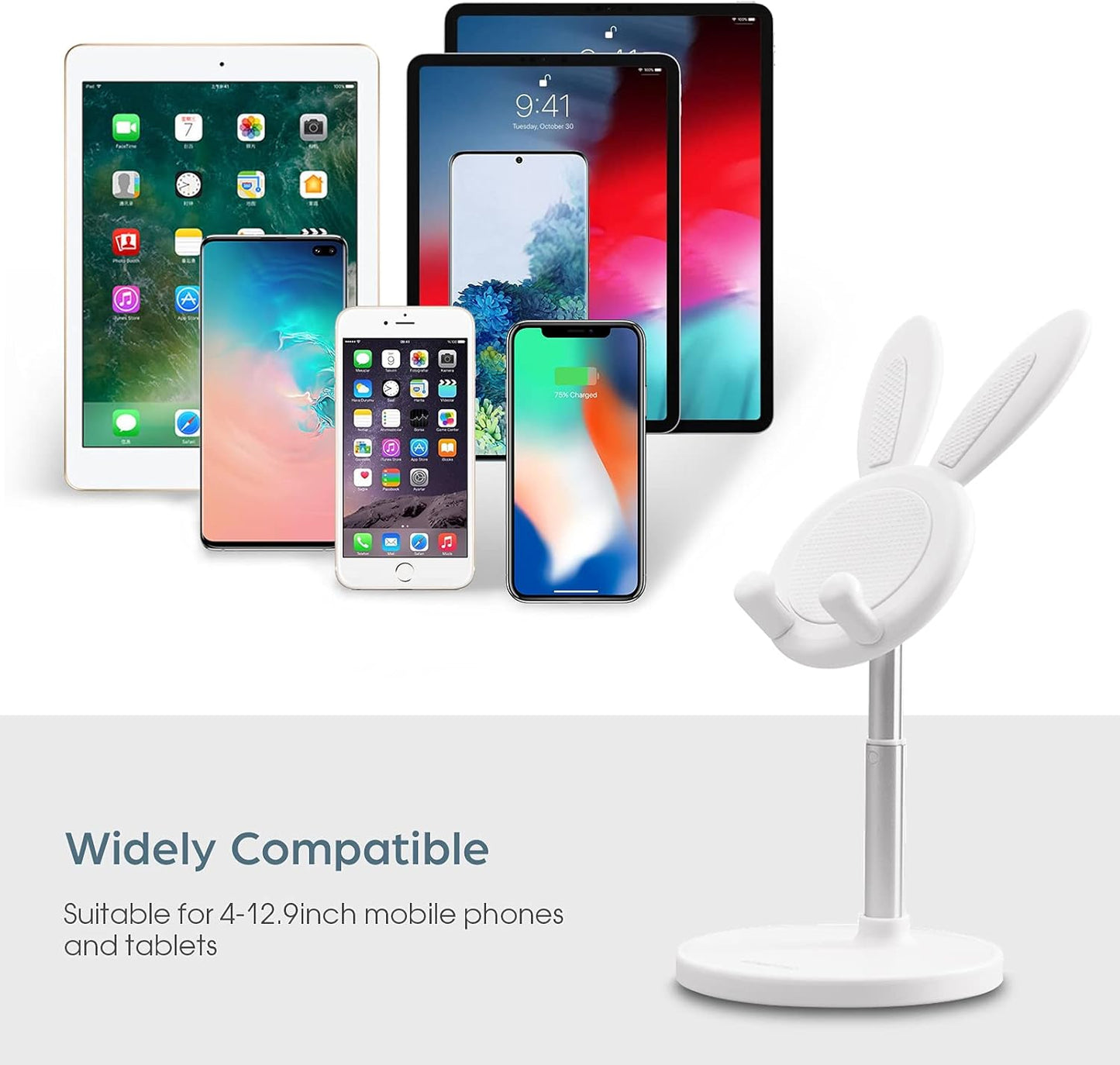 Cell Phone Stand,Angle Height Adjustable Bunny Phone Stand for Desk,Cute Rabbit Phone Holder Stand for Desk, Compatible with All Mobile Phones, Tablets(4-10In) (White)