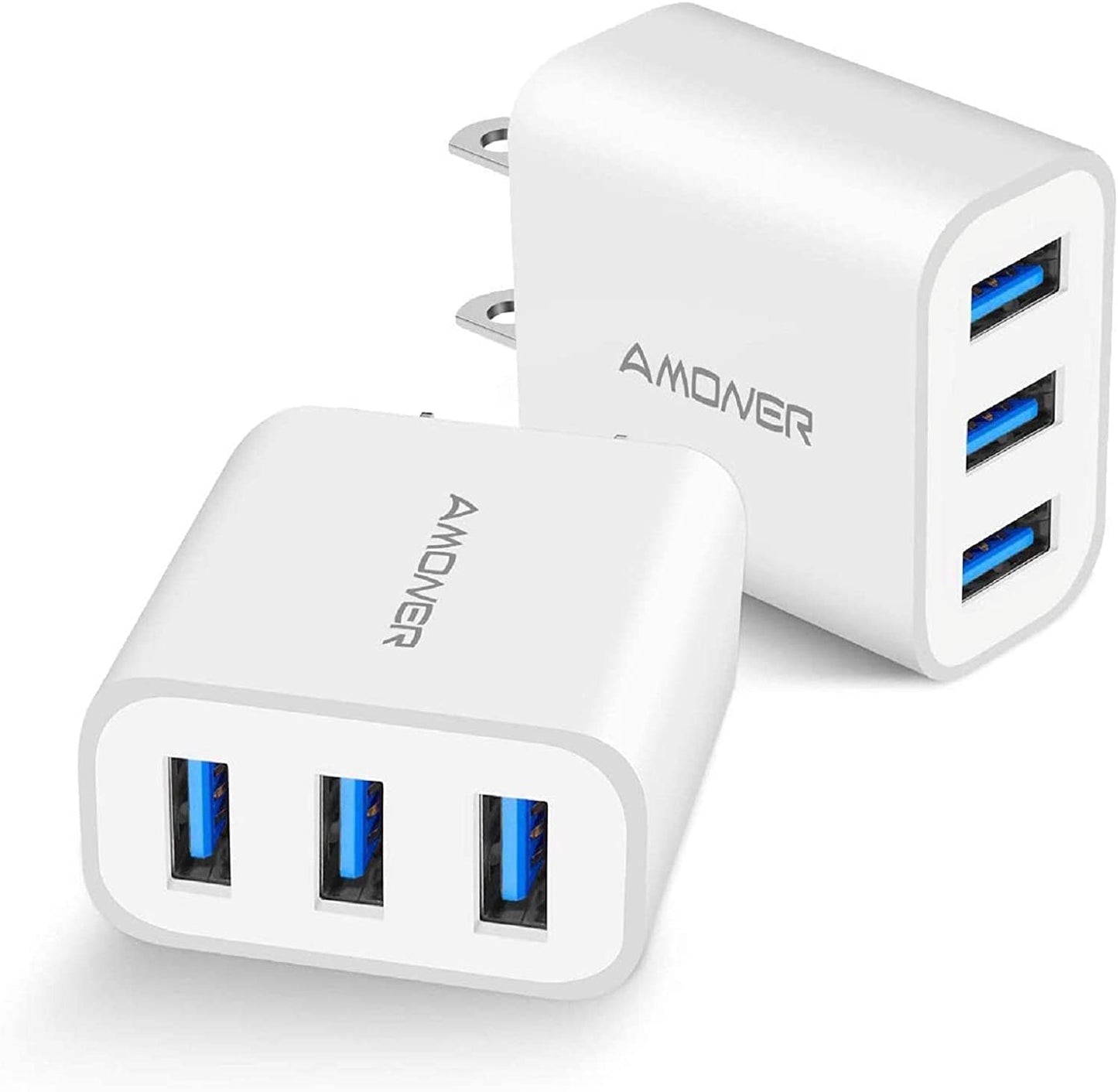 USB Wall Charger, 2Pack 15W 3-Port USB Charger Block Iphone Cube Charging Blocks for Iphone 14/13/12/11/X/XR/X/8/7/6, Galaxy, Android Phones and More