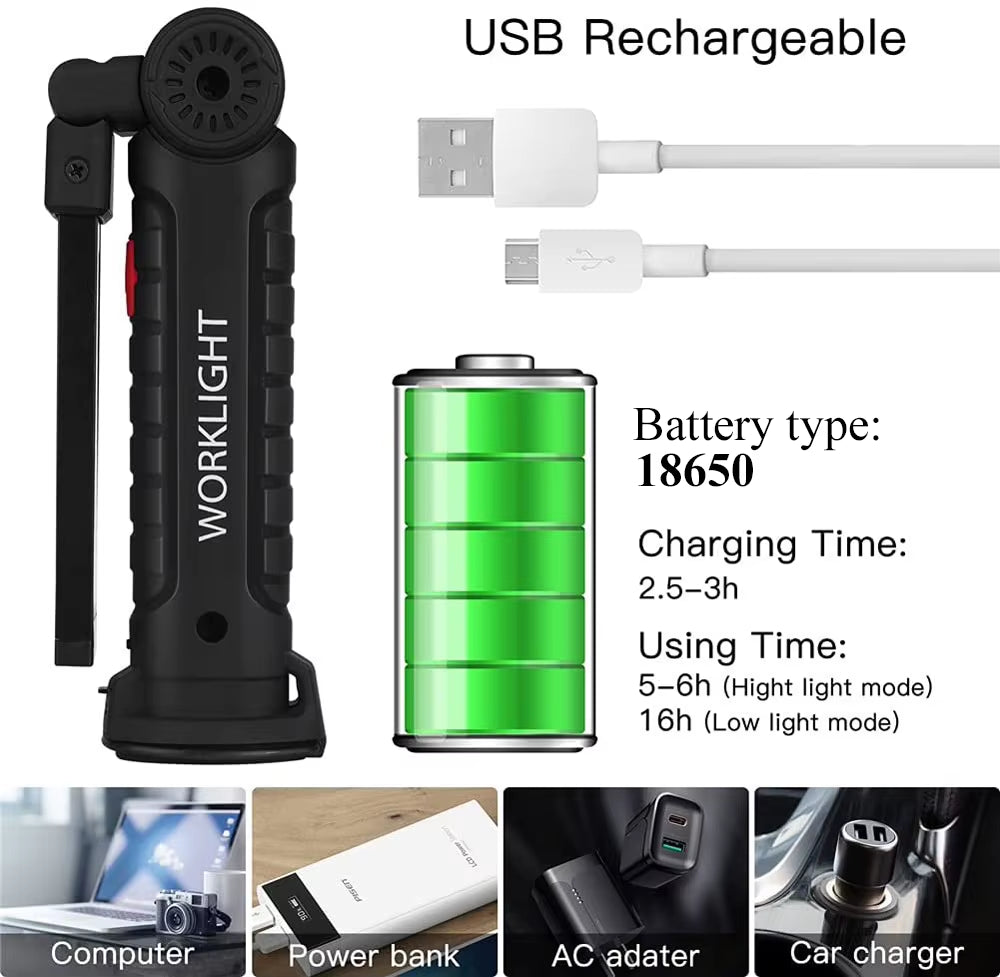 USB Rechargeable COB Work Light Portable Magnetic Car Repair Torch LED Red Light Warning Foldable Outdoor Emergency Flashlight