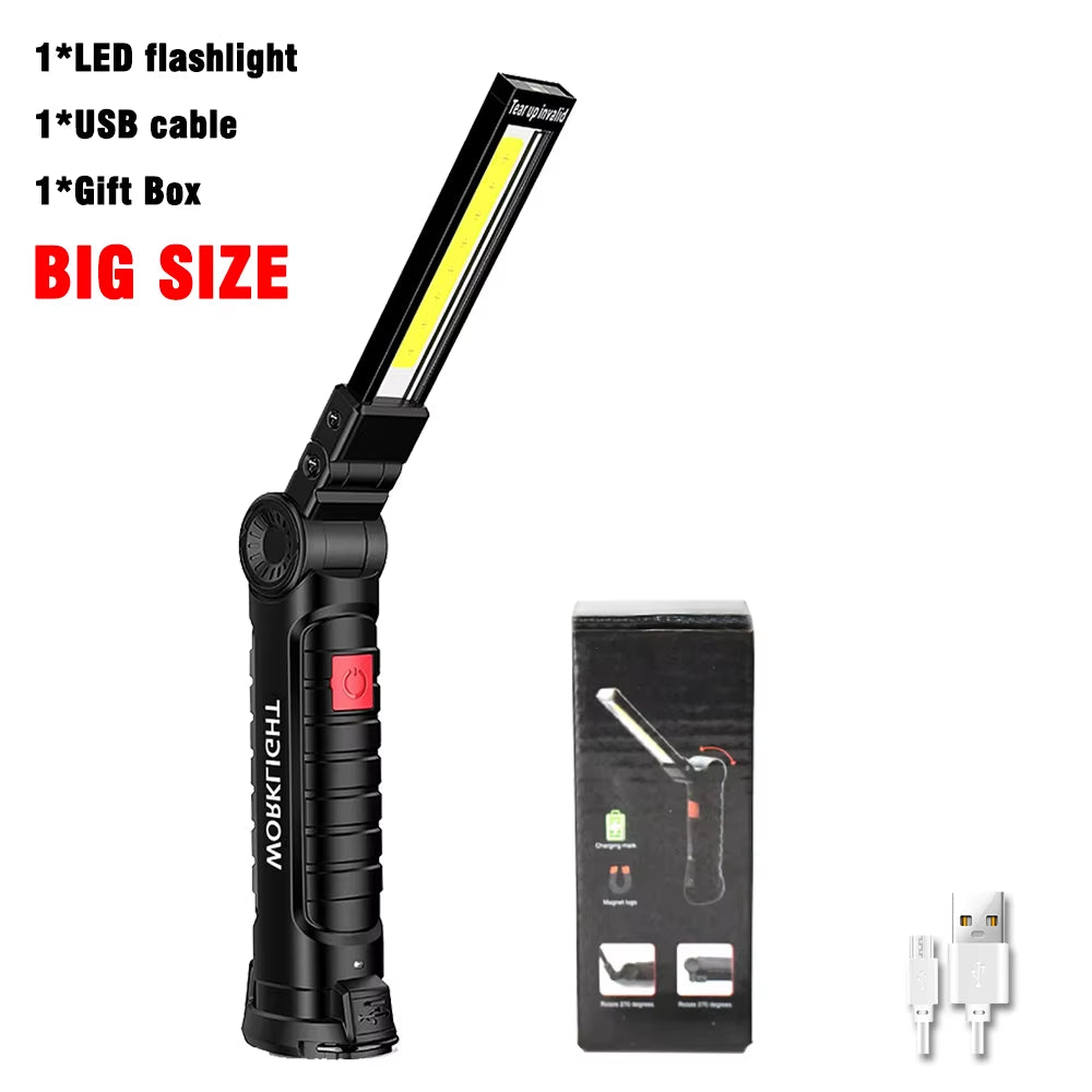 USB Rechargeable COB Work Light Portable Magnetic Car Repair Torch LED Red Light Warning Foldable Outdoor Emergency Flashlight
