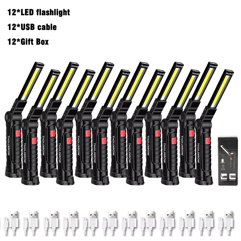 USB Rechargeable COB Work Light Portable Magnetic Car Repair Torch LED Red Light Warning Foldable Outdoor Emergency Flashlight