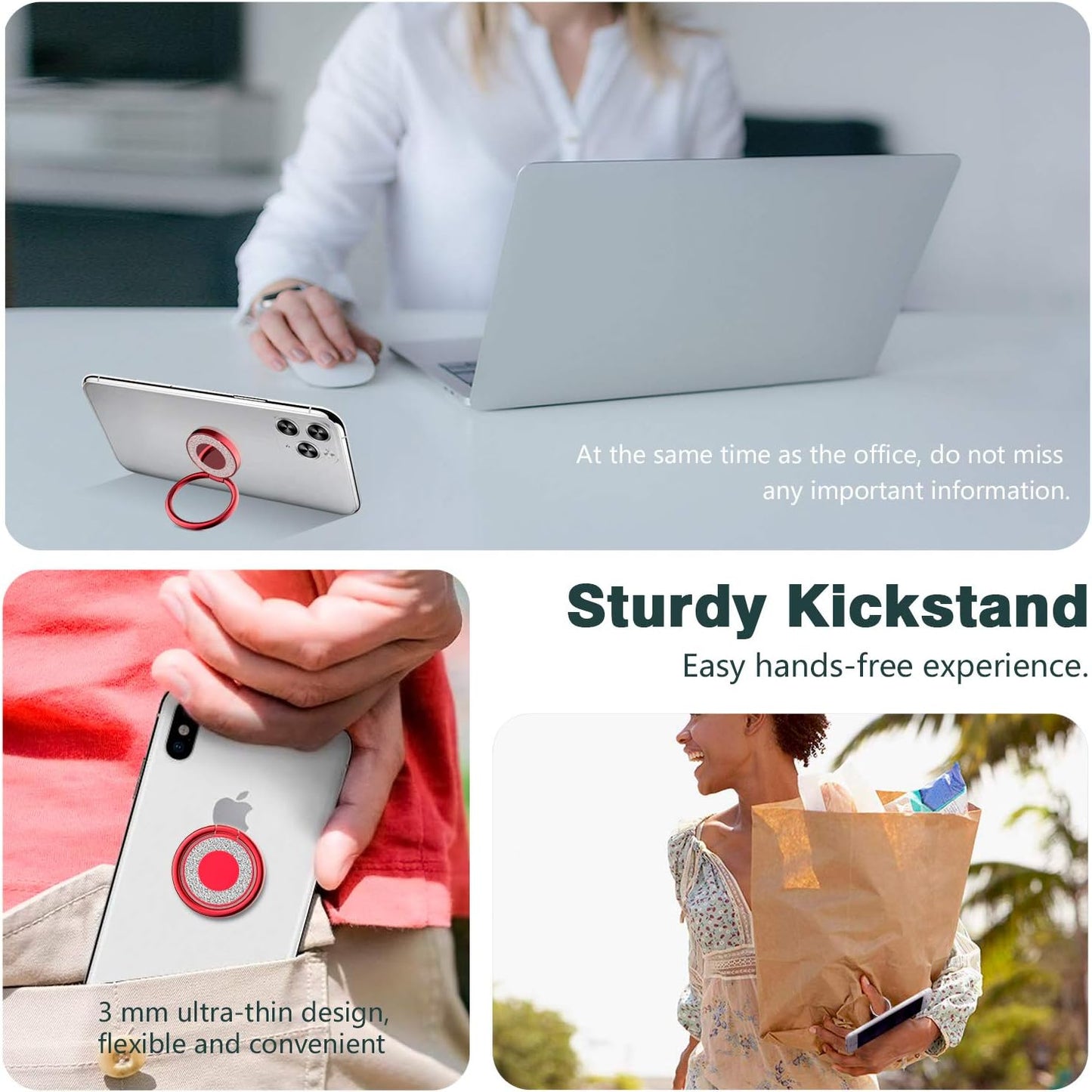 Phone Ring Holder Finger Kickstand, 360 Rotation Phone Ring Grip, Compatible with Smartphone (Red)