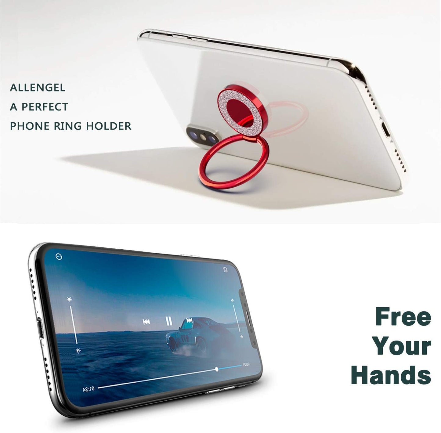 Phone Ring Holder Finger Kickstand, 360 Rotation Phone Ring Grip, Compatible with Smartphone (Red)
