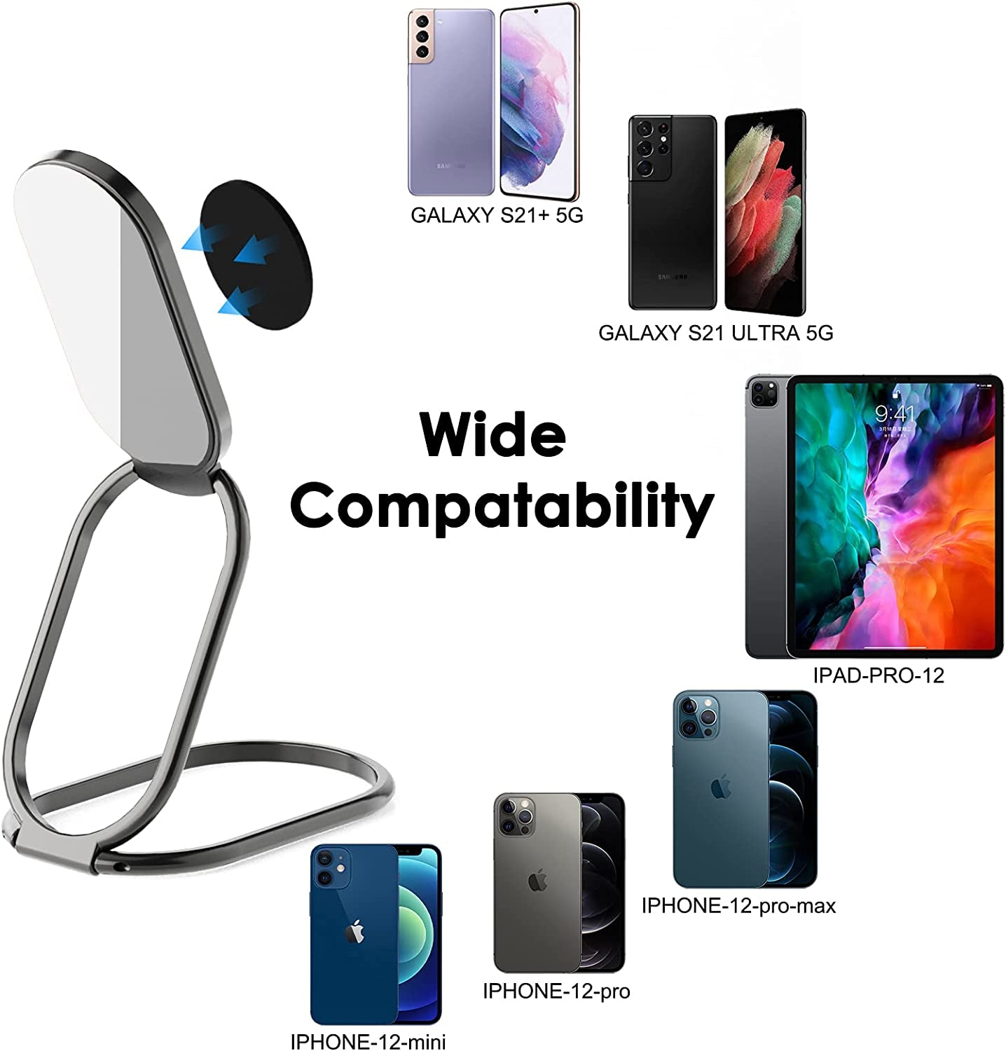 Phone Ring Holder Finger Kickstand, 360° Rotation Cell Phone Ring Holder Stand Metal Phone Back Grip for Magnetic Car Mount Foldable Cell Phone Stand Compatible with Most Smartphones