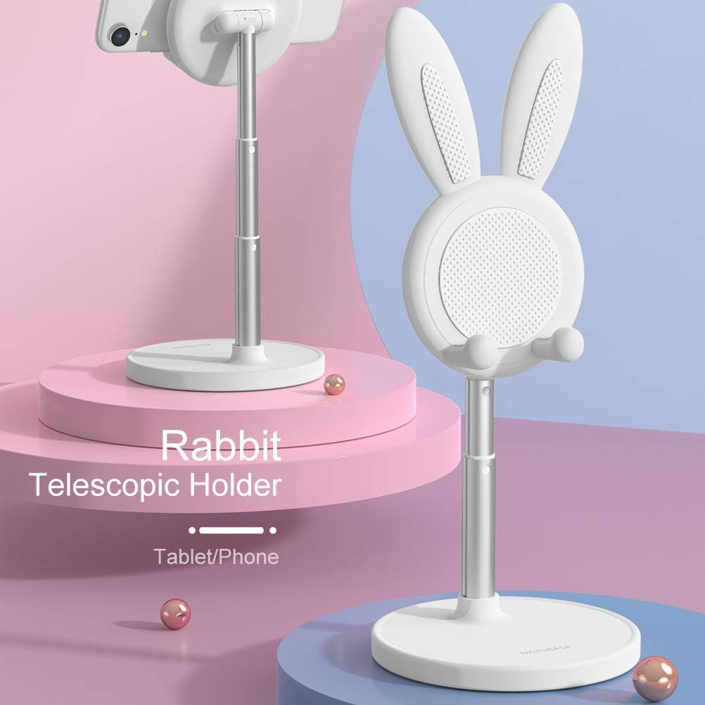 Cell Phone Stand,Angle Height Adjustable Bunny Phone Stand for Desk,Cute Rabbit Phone Holder Stand for Desk, Compatible with All Mobile Phones, Tablets(4-10In) (White)