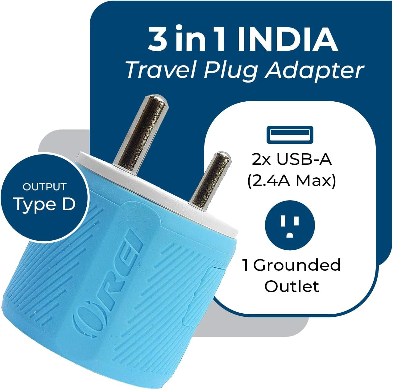 3 in 1 India Plug Adapter (Type D Travel Adapter) with 2 USB Inputs and 1 Type B Input – CE & Rohs Certification - Plug Adapter for Maldives, Nepal, India, Bangladesh, Sudan & More