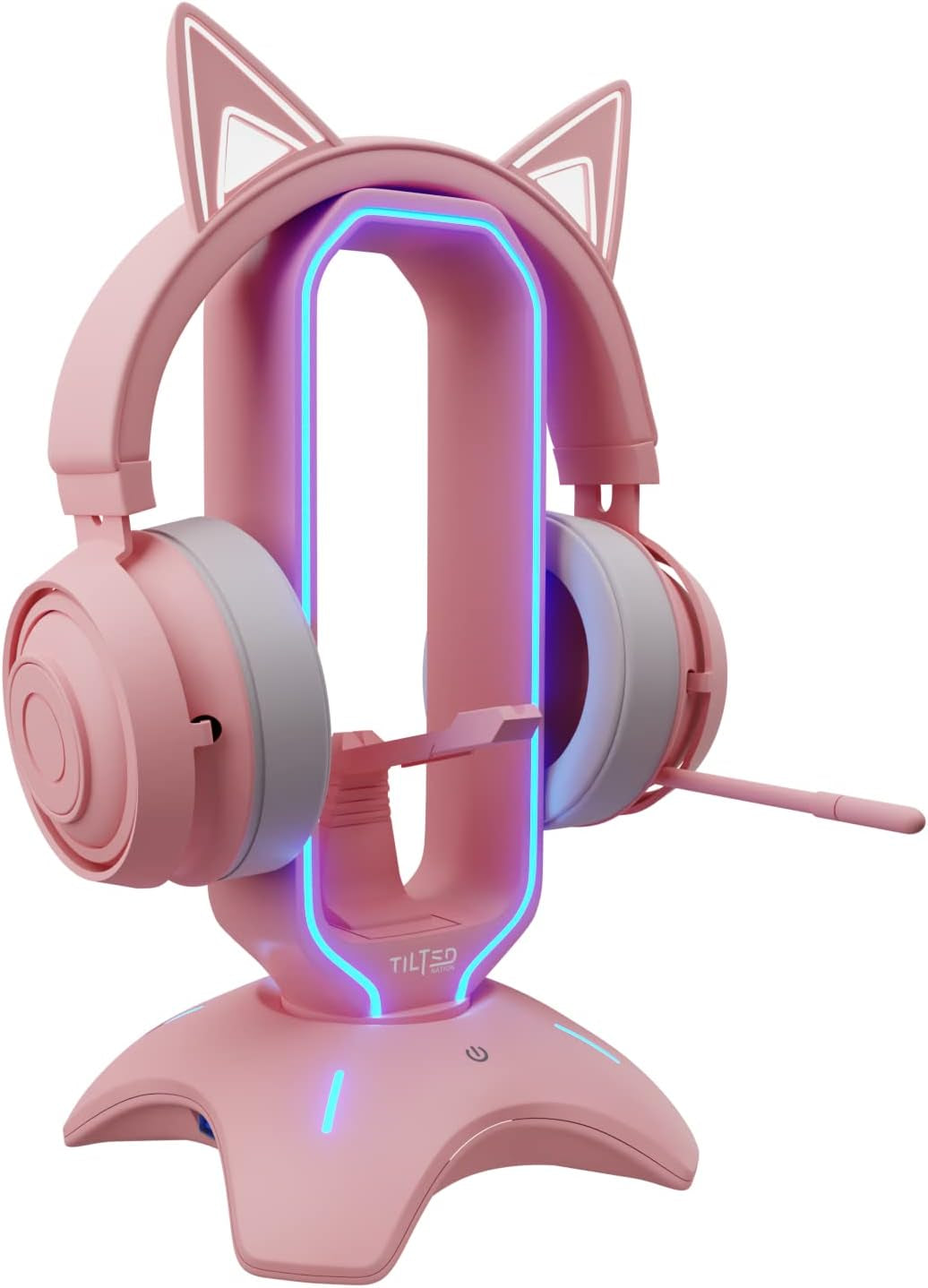 RGB Gaming Headset Stand - 3 in 1 Pink with Mouse Bungee and 2 Port USB Hub Charger - the Ultimate Accessory and Gamer Gift - Headphone Holder for Desk