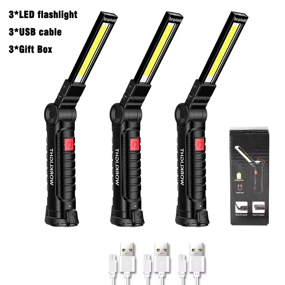 USB Rechargeable COB Work Light Portable Magnetic Car Repair Torch LED Red Light Warning Foldable Outdoor Emergency Flashlight