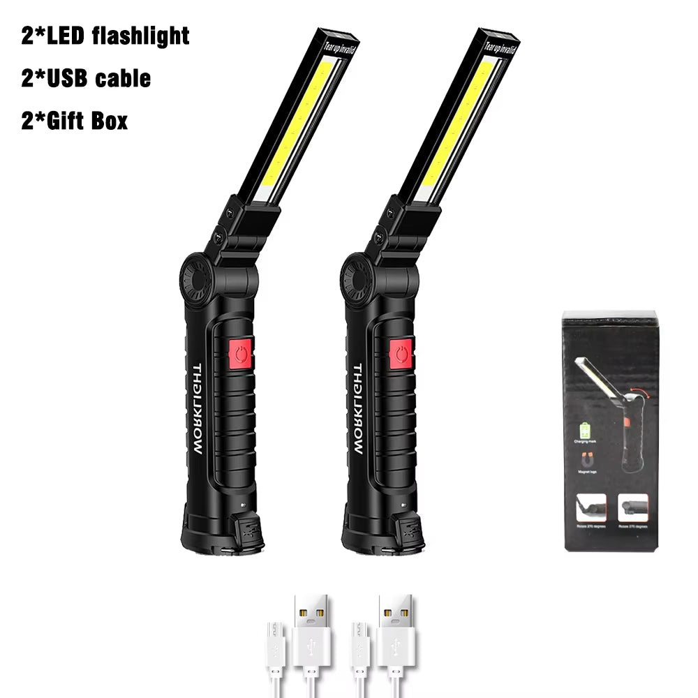 USB Rechargeable COB Work Light Portable Magnetic Car Repair Torch LED Red Light Warning Foldable Outdoor Emergency Flashlight