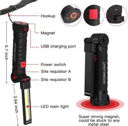 USB Rechargeable COB Work Light Portable Magnetic Car Repair Torch LED Red Light Warning Foldable Outdoor Emergency Flashlight