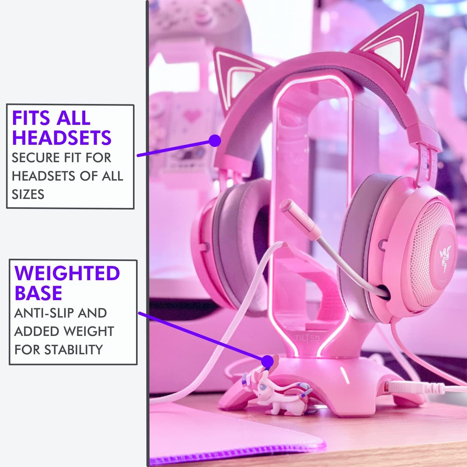 RGB Gaming Headset Stand - 3 in 1 Pink with Mouse Bungee and 2 Port USB Hub Charger - the Ultimate Accessory and Gamer Gift - Headphone Holder for Desk
