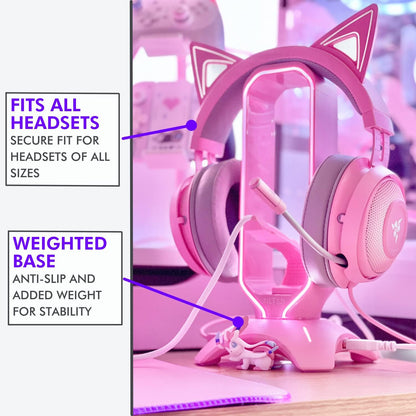 RGB Gaming Headset Stand - 3 in 1 Pink with Mouse Bungee and 2 Port USB Hub Charger - the Ultimate Accessory and Gamer Gift - Headphone Holder for Desk