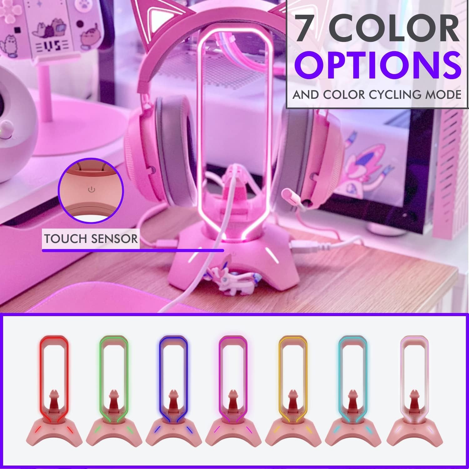 RGB Gaming Headset Stand - 3 in 1 Pink with Mouse Bungee and 2 Port USB Hub Charger - the Ultimate Accessory and Gamer Gift - Headphone Holder for Desk
