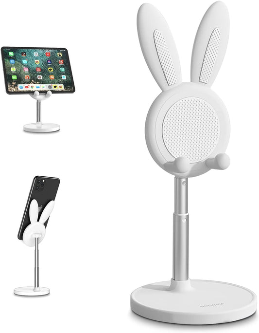 Cell Phone Stand,Angle Height Adjustable Bunny Phone Stand for Desk,Cute Rabbit Phone Holder Stand for Desk, Compatible with All Mobile Phones, Tablets(4-10In) (White)