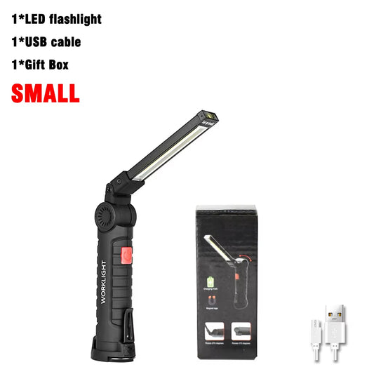 USB Rechargeable COB Work Light Portable Magnetic Car Repair Torch LED Red Light Warning Foldable Outdoor Emergency Flashlight