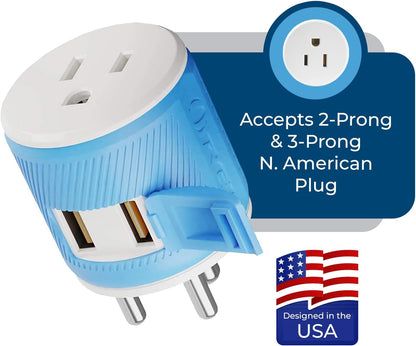 3 in 1 India Plug Adapter (Type D Travel Adapter) with 2 USB Inputs and 1 Type B Input – CE & Rohs Certification - Plug Adapter for Maldives, Nepal, India, Bangladesh, Sudan & More