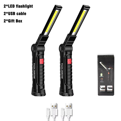 USB Rechargeable COB Work Light Portable Magnetic Car Repair Torch LED Red Light Warning Foldable Outdoor Emergency Flashlight